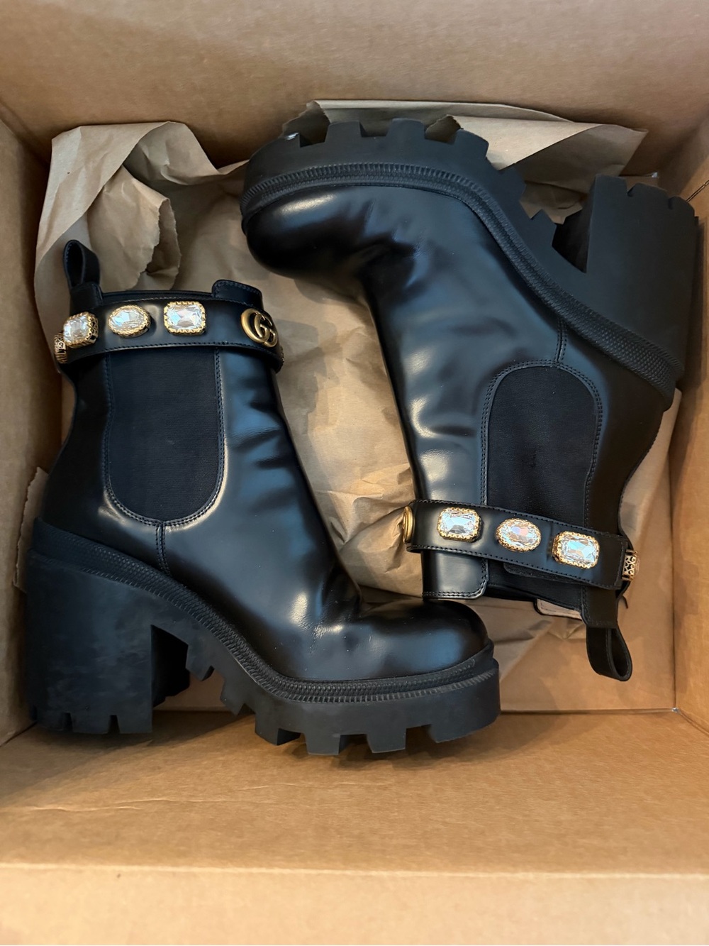 Gucci Black Jewel-Trim Chunky Chelsea Heeled Boots